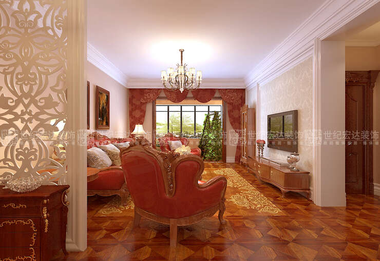 客厅选择欧式沙发与电视墙线条结合使整个空间具有灵动性。