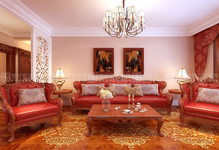 沙发背景墙采用简单装饰画来装饰，和沙发形成对比动静结合。