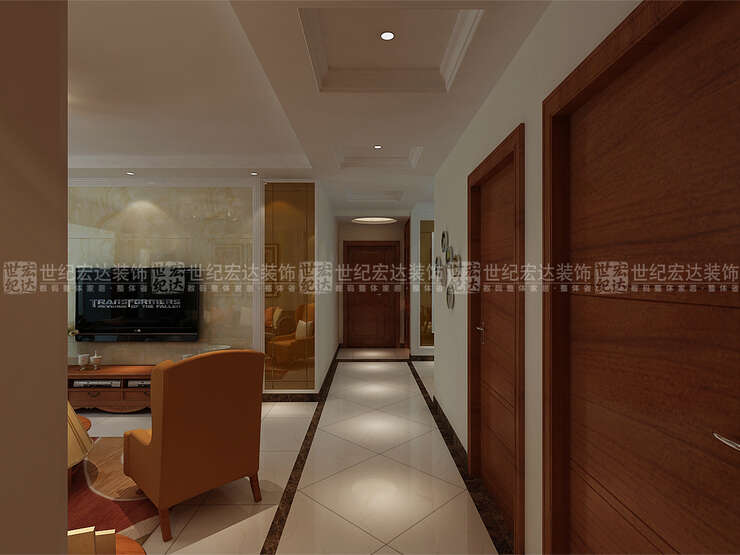 走廊的区域，通过吊顶和地面瓷砖的变化和划分，使客餐厅空间区域更加明确。