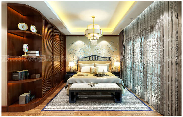 主卧室设计相对简洁实用，一整面墙的衣柜增大储存空间，整个空间的布置温馨简洁又不失大气。
