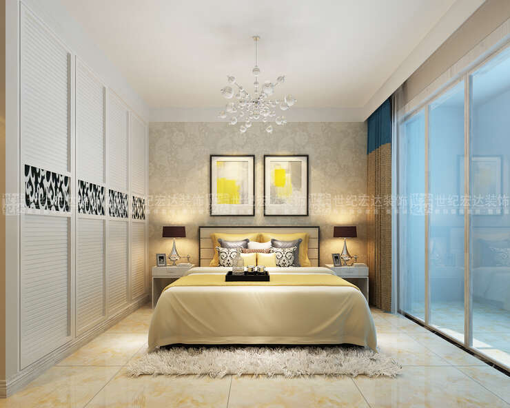 主卧的设计比较简单，床头墙采用壁纸设计，主卧靠近生活阳台，推拉门的设计把两个空间独立起来。