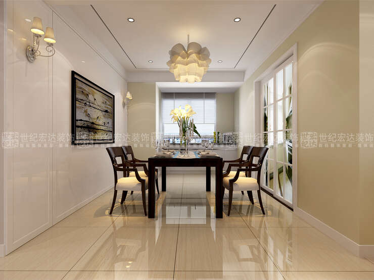 餐厅简单造型的白色护墙板和客厅的影视墙相呼应，使整个空间协调统一。