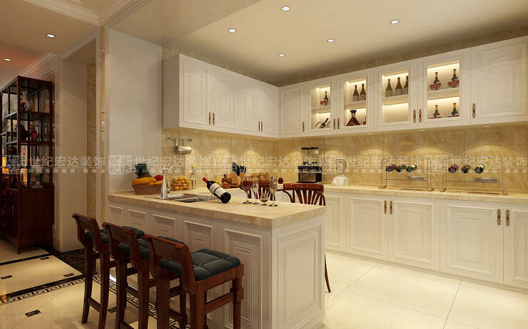厨房的感觉通透明亮而且交通流线不阻塞，橱柜的颜色采用白色显得干净，地柜与吊柜的结合满足了厨房收纳和使用的功能。