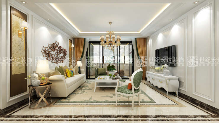 ▲客厅整体色调主要是以米咖色和白色护墙板为主，在软装上以风色的色彩为辅，整个空间相搭配使空间明亮且温馨。