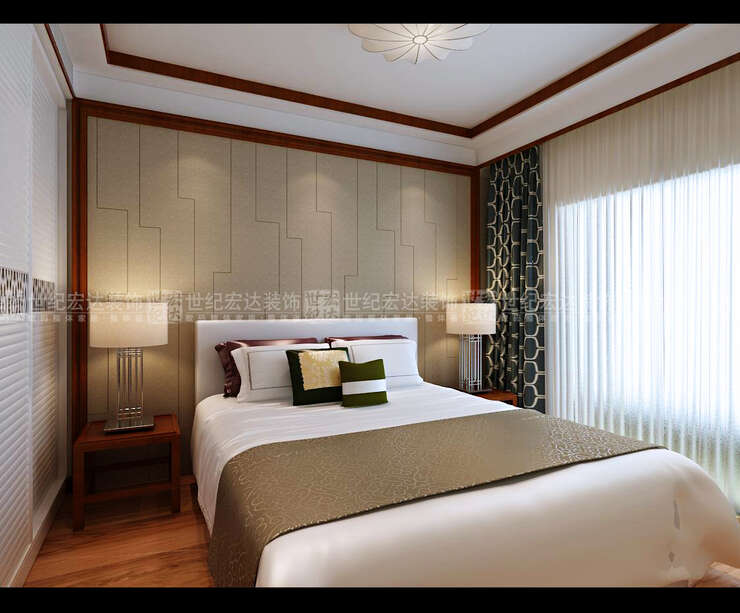 5卧室背影墙采用硬包，实木线条边框，顶角线采线实木线条压边， 与床头墙相呼应，卧室简洁大气。