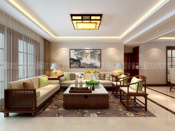 首先看到的是沙发背景墙，中式画搭配新中式的家具，给人一种简单自然的生活念想。