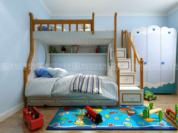 孩子房墙面采用浅蓝色乳胶漆，活泼有生机，摆放高低床，放置一个地毯孩子就可以在这里自由玩。