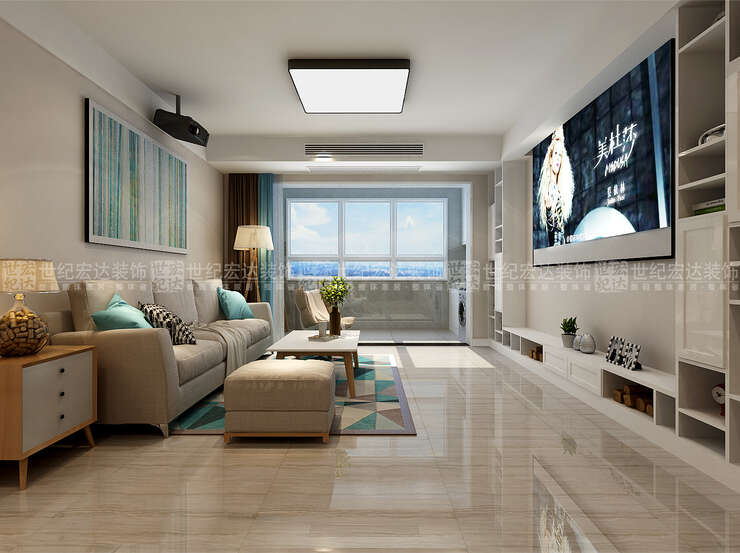 客厅整体简单大方，浅米色让整个空间温馨舒适。空间感很强。