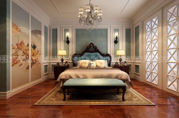 次卧室白色的线条结合蓝色的墙布，形成一种清新舒服的格调。