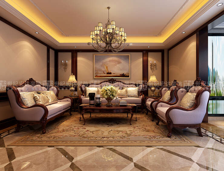 沙发墙的处理是和整体的造型统一起来的，通过点（壁灯）、线（木质线条）、面（浅咖色墙布）的处理，整个空间配上经典的家具和谐而优雅。