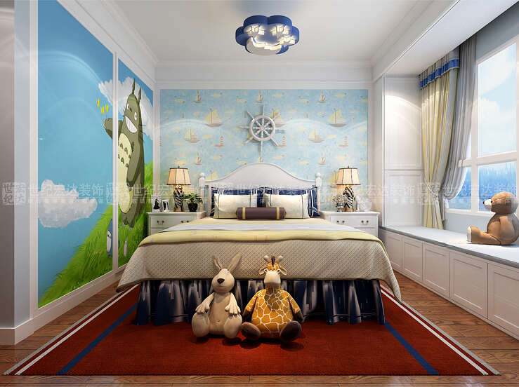 孩子房清新色调，床边做了一组飘窗可以在上面座，床头背景用一个清新壁纸装饰。