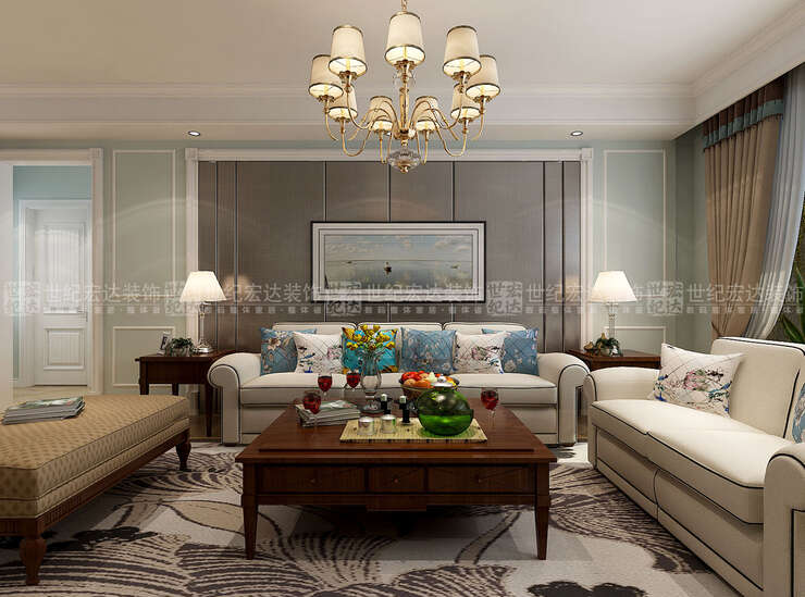 浅色系的沙发、木质家具搭配，传递着简洁、舒适的气息，让客厅空间显得宽敞大气。