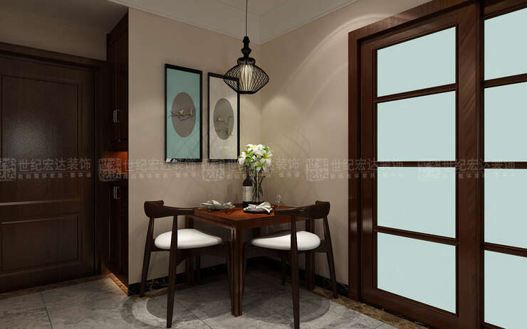 进门鞋柜一墙面相连接，使利用空间争大，摆放两人餐桌更显温馨。