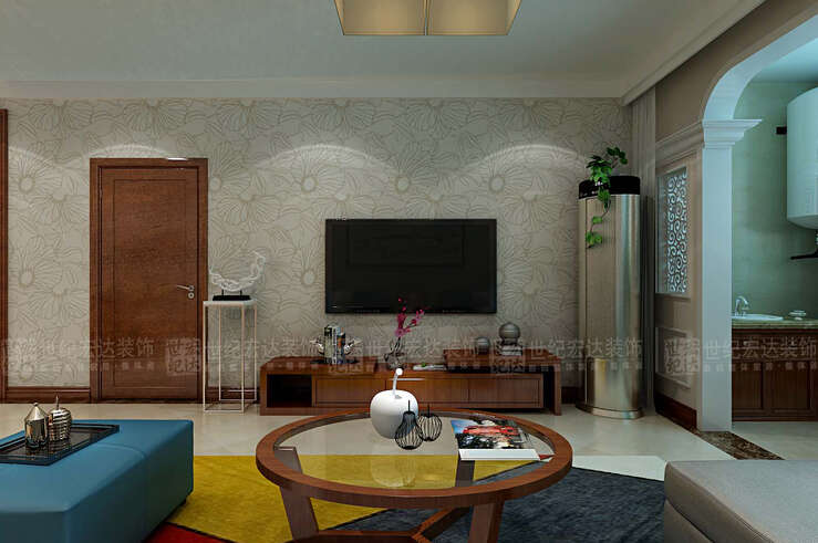 客厅影视墙没有太多的造型，简单的壁纸装饰使整个场景统一协调，简单的摆件进行装饰，丰富了整个空间，使之与沙发背景墙形成对比。