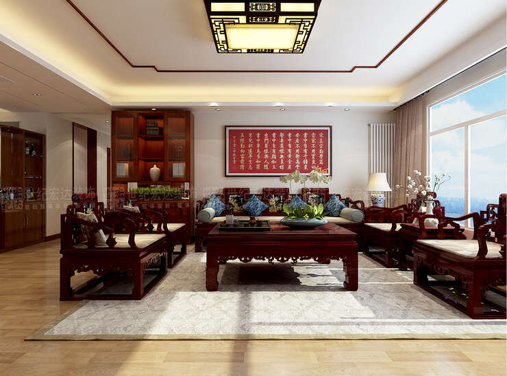 客厅沙发背景墙没有过多复杂的设计，简洁的浅咖色乳胶漆，搭配上一幅简单的字画做勾勒，体现出中式的典雅大气。再搭配上融合中式色彩的红木家具组合，使整个空间更加饱满丰富。