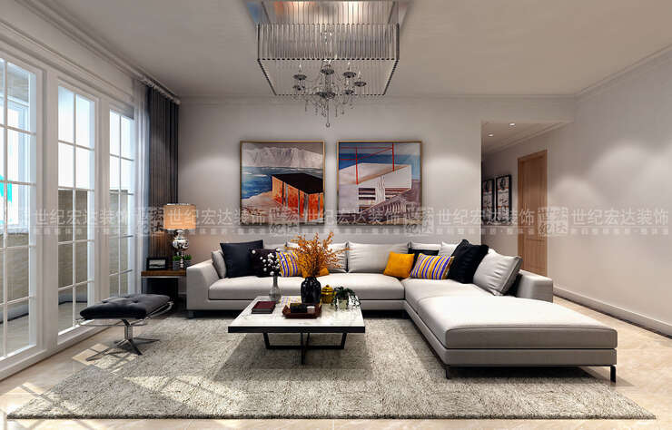 客厅简洁的直线石膏板压线，试听墙白色墙板、米黄色的大理石，在整个视觉空间中处处体现着温馨舒适之感。