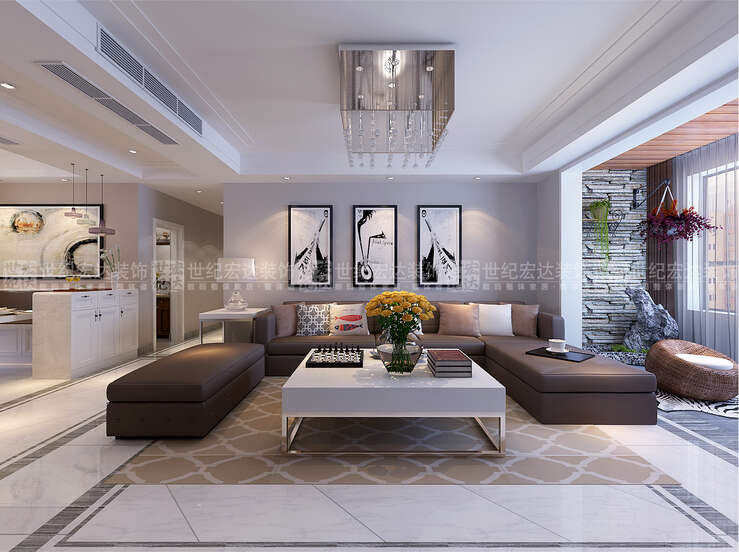 客户沙发灰褐色与电视背景墙相对和谐，让整体更加统一，让统一更加和谐。