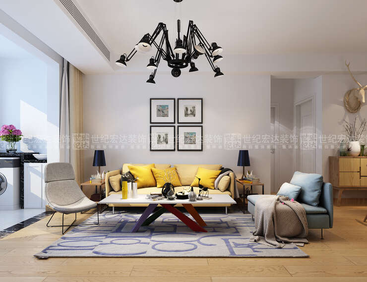 沙发背景简单大方，用装饰画做简单的处理，沙发造型时尚，舒适感强。