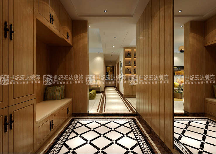 地面瓷砖图案铺贴，墙面护墙板，走廊造型划分显示整个空间大气整洁。天花造型与地面相称。