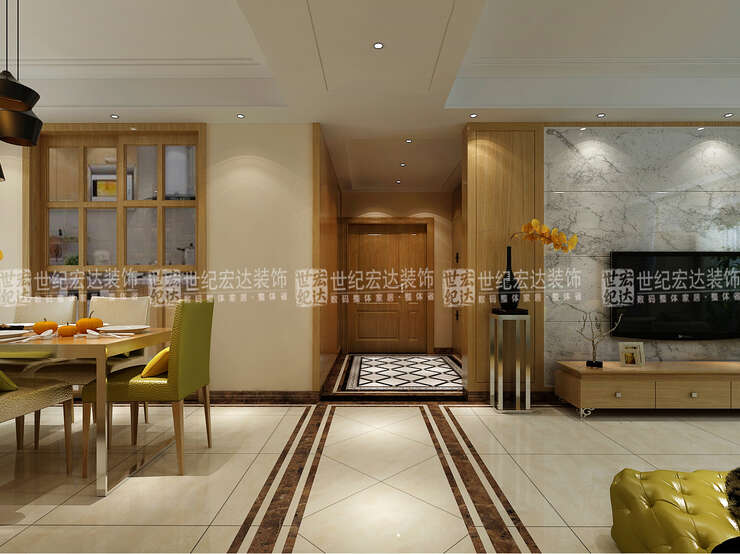 展示整体空间客厅与餐厅设计元素相似，相互呼应。